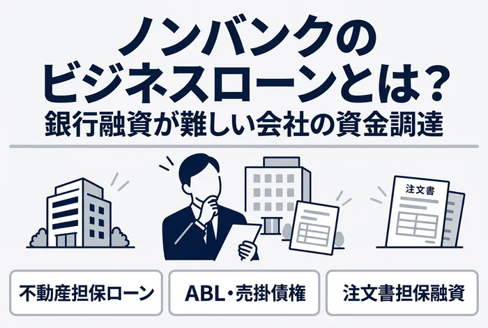 銀行融資が難しい会社向けに、不動産担保ローン・ABL売掛債権・注文書担保融資といったノンバンクの資金調達方法をシンプルに整理したアイキャッチ画像